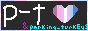 An 88x31 with a grey background, the text 'p-t' in large white letters, the small text '&parking_turkeys' in cyan (actually the ampersand is magenta) underneath it, and a heart containing the bigender flag (dark pink, light pink, lavender, white, lavender, light blue, dark blue) with the stripes vertical instead of horizantal. The border is 1px wide and has the trans flag.
